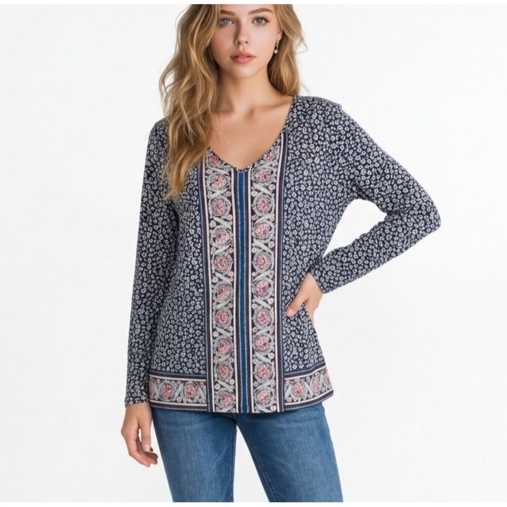 J.Jill Women’s boho top Multicolored Floral Size M V Neck long sleeve